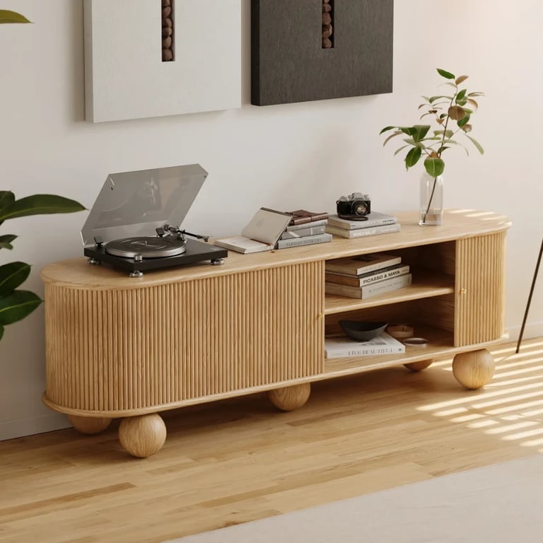 Oniro Long Media Console with Fluted Sliding Panels – Natural Wood
