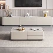 صورة طاولة قهوة لوسترا من الخشب الطبيعي – بسطح حجري وتخزين مخفي