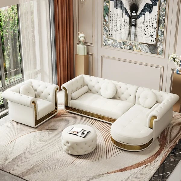 Valencia – Tufted Sectional Sofa made of Natural Wood with Gold Stainless-Steel Touch, featuring Armchair & Chaise Lounge