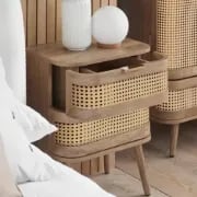 Lyra Side Table – Natural Wood with Rattan Front