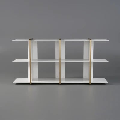 Vionna Low Display Shelf – White Wood with Gold Accents