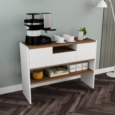 Arlen Coffee Corner Cabinet – White & Natural Wood Open Storage Design