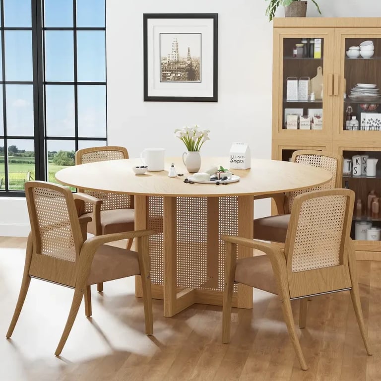 Ravina – Round Dining Table Set with Chairs | Natural Wood & Rattan