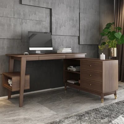 Picture of Ultic – L-Shaped Natural Wood Home Desk with Drawers & Shelf