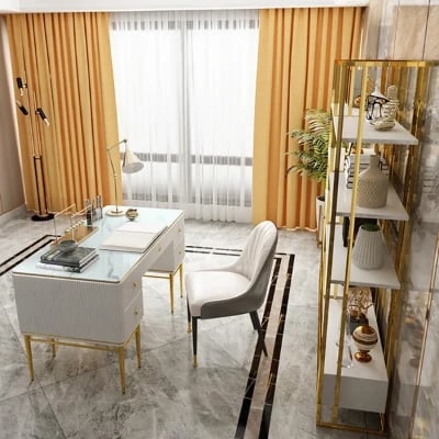 صورة بلاين – مكتب مكتبي من الخشب الطبيعي مع 5 أدراج وقاعدة معدنية