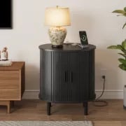 Lumin – Round Side Table with Storage & Charging – Natural Wood