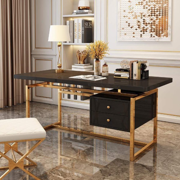 Alpha Gold Frame Desk - Natural wood.