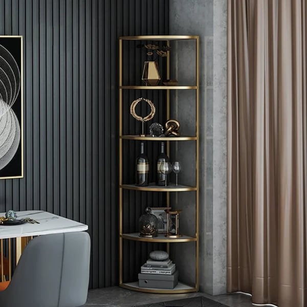 Élano Corner Display Shelf – Natural Wood with Gold Metal Frame