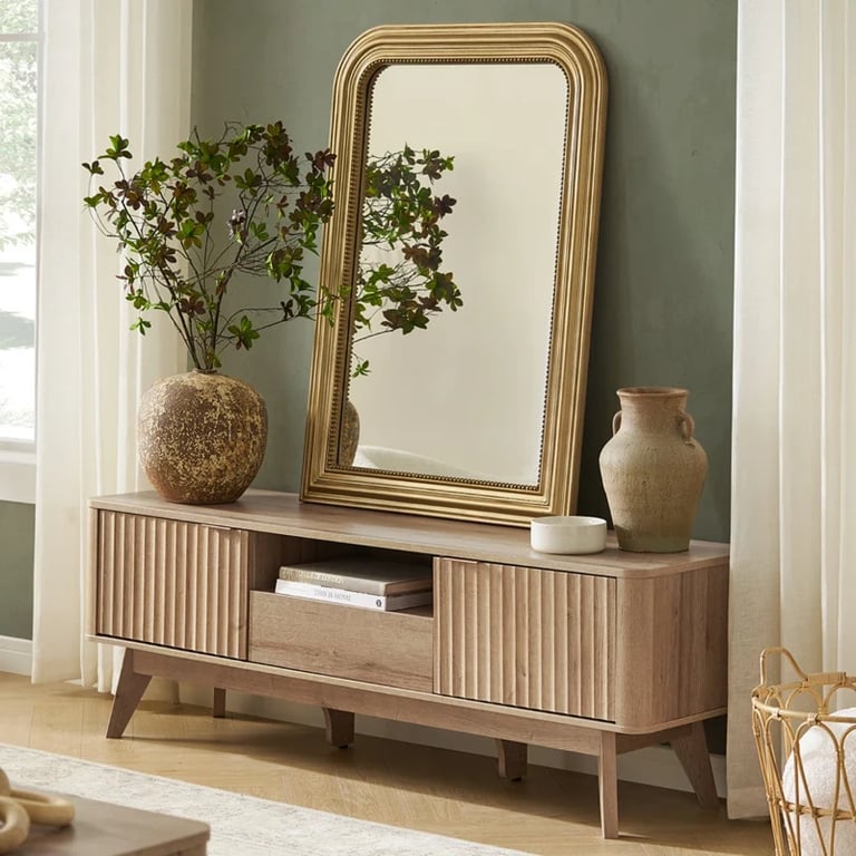 Elvo – TV Stand with Fluted Doors & Compact Design – Natural Wood