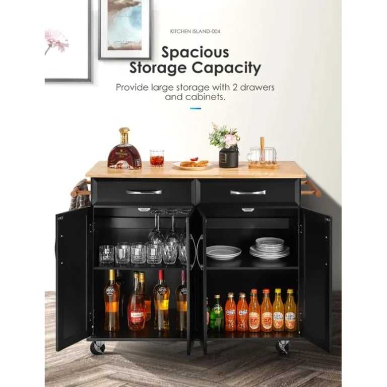 Wide Rolling Kitchen Island with Solid Wood Top