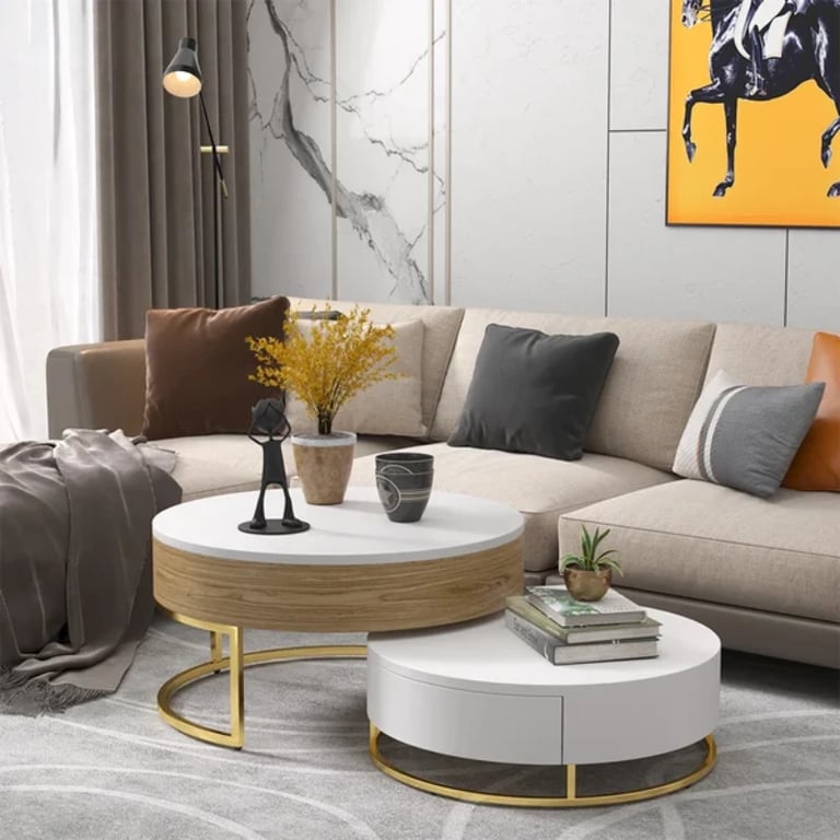 صورة ڤاليرو – طاولة قهوة من الخشب الطبيعي بتصميم فني وأدراج تخزين منزلقة