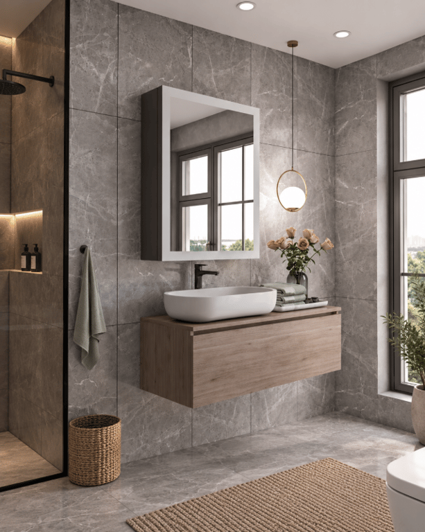 Picture of Peria – Multifunctional LED Bathroom Mirror with Natural Wood Storage