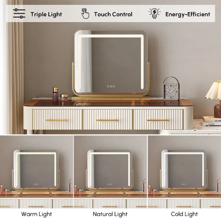 Velona Vanity Set – Natural Wood with Glass & Marble-Look Surfaces, LED Mirror & Chair