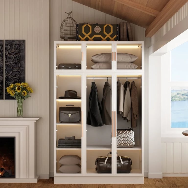 Picture of Paolo Modern wardrobe with glass doors and natural wood lighting