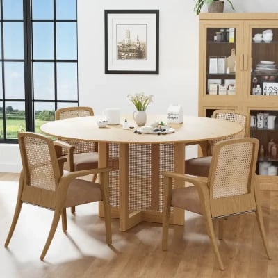 Ravina – Round Dining Table Set with Chairs | Natural Wood & Rattan