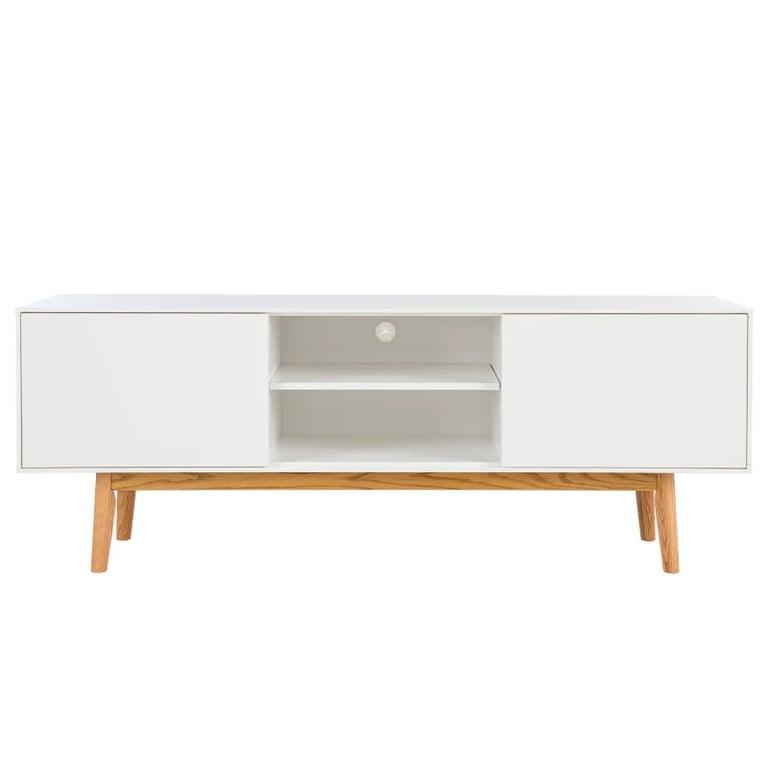 صورة أوليرا – طاولة تلفاز اسكندنافية باللون الأبيض والخشب الطبيعي