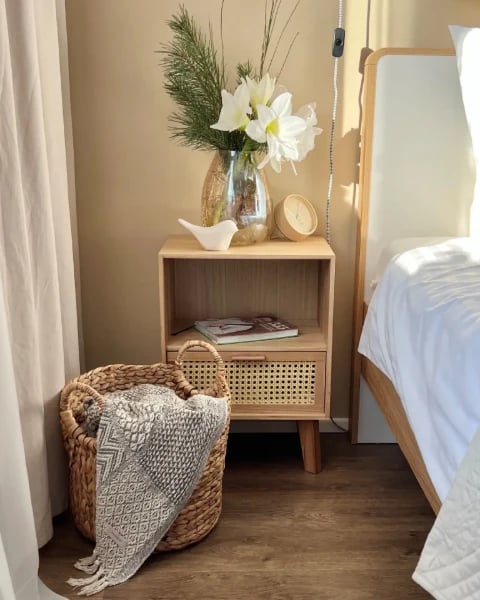 Liora Natural Wood Bedside Table – Open Shelf & Woven Drawer