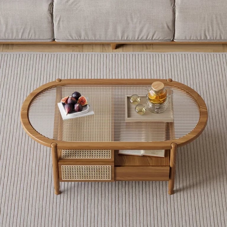 صورة طاولة قهوة هوكي خشب طبيعي وراتان