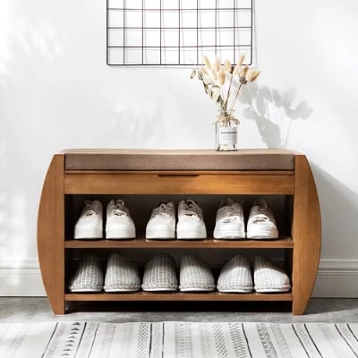 Arvena – Compact Natural Wood Shoe Bench with Storage