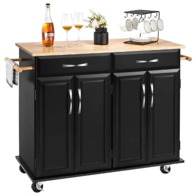Wide Rolling Kitchen Island with Solid Wood Top