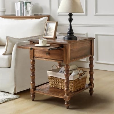 Heritage Side Table with Drawer & Shelf – Natural Wood