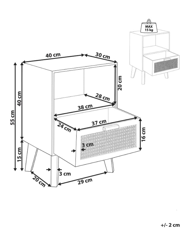 Liora Natural Wood Bedside Table – Open Shelf & Woven Drawer