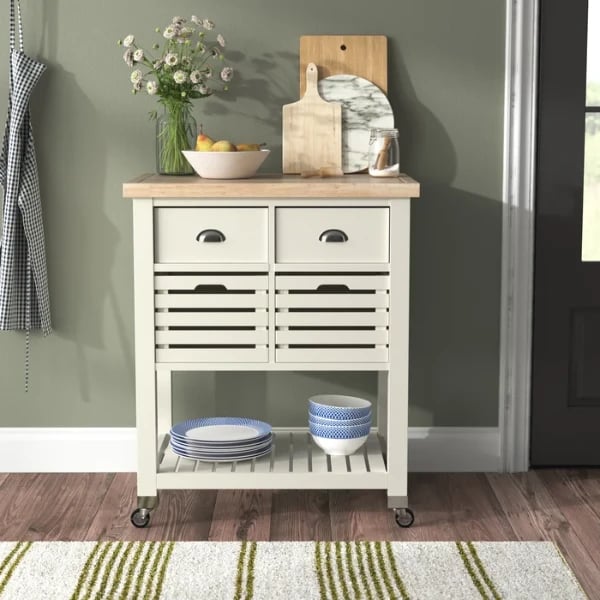Diwai Rolling Kitchen Cart with Solid Wood Top