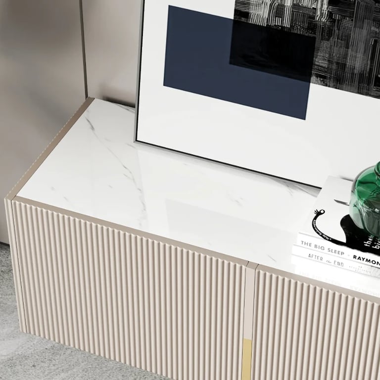 Élory - Natural Wood TV Stand with Stainless Steel Legs & Marble-Look Top