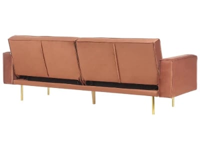 Soleil Velours Convertible Sofa Bed from natural wood – Velvet Upholstery with Golden Legs.