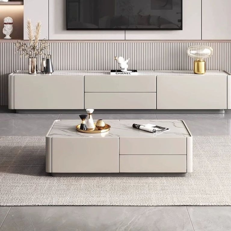 صورة طاولة قهوة لوسترا من الخشب الطبيعي – بسطح حجري وتخزين مخفي