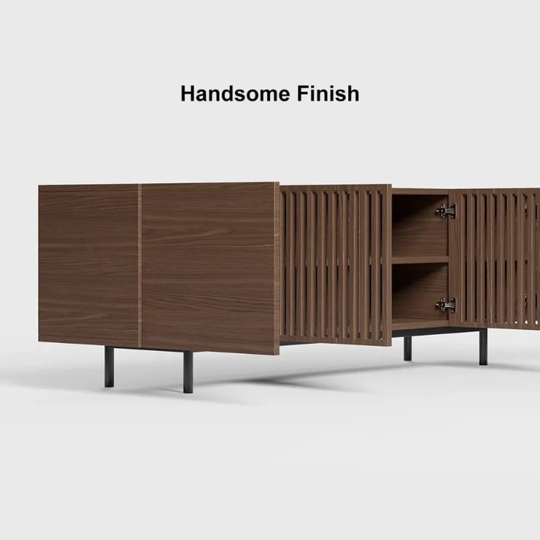 Japandi Slatted Media Console Wood TV Stand in Walnut with Shelves