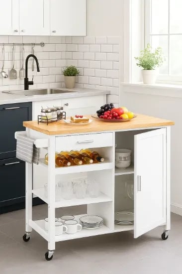 Yonn Rolling Kitchen Island with Solid Wood Top