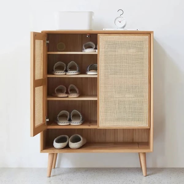 Villey Japandi Natural Shoe Storage Cabinet Rattan 2 Doors & 4 Shelves Entryway