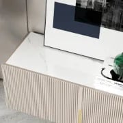 Élory - Natural Wood TV Stand with Stainless Steel Legs & Marble-Look Top