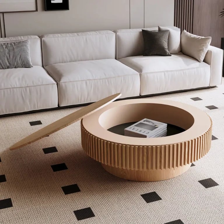 Elyra Round Coffee Table with Hidden Storage – Natural Wood