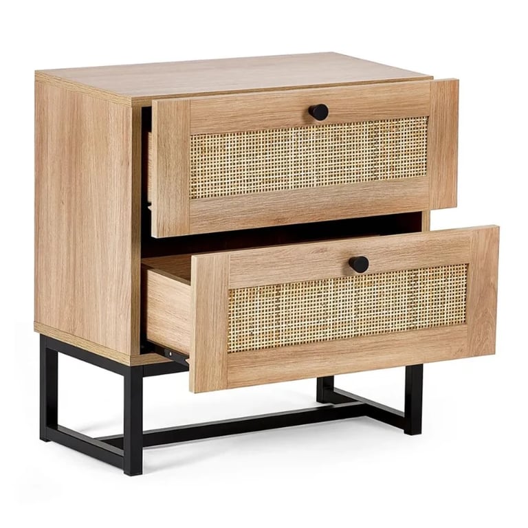Mira Side Table – Natural Wood with Two Rattan Drawers and Elegant Black Metal Base