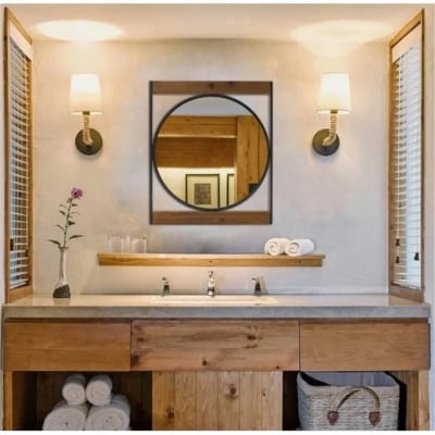 Gnana Round Wall Mirror with Rectangle Wood Frame