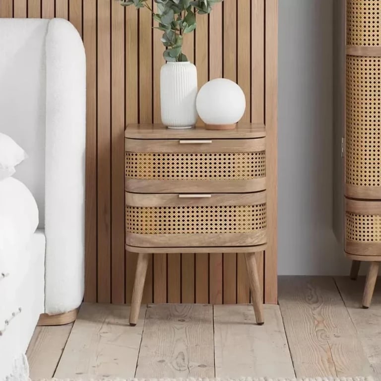 Lyra Side Table – Natural Wood with Rattan Front
