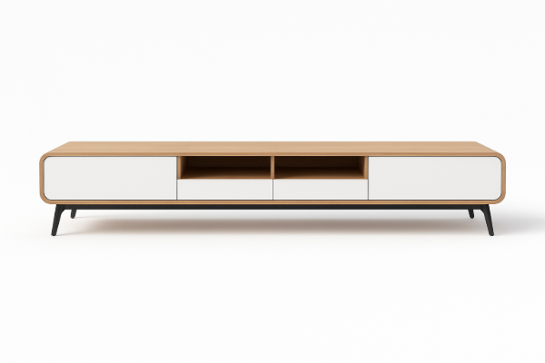 صورة وحدة تلفزيون هارموني من الخشب الطبيعي – تصميم أنيق ومنخفض الارتفاع