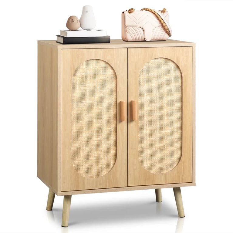 Rubena – Natural Wood Shoe Cabinet with Rattan Front