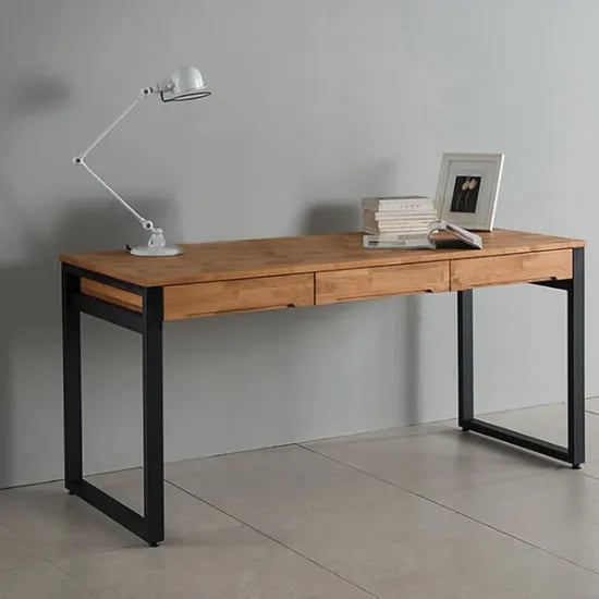 Picture of Ravion – Rustic Natural Wood Desk with Metal Frame & Drawers