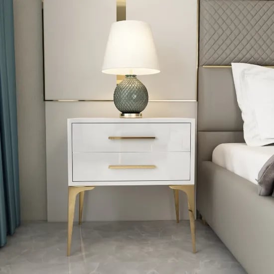 Hype Nightstand – Glossy Modern Design with Two Drawers and Gold Legs