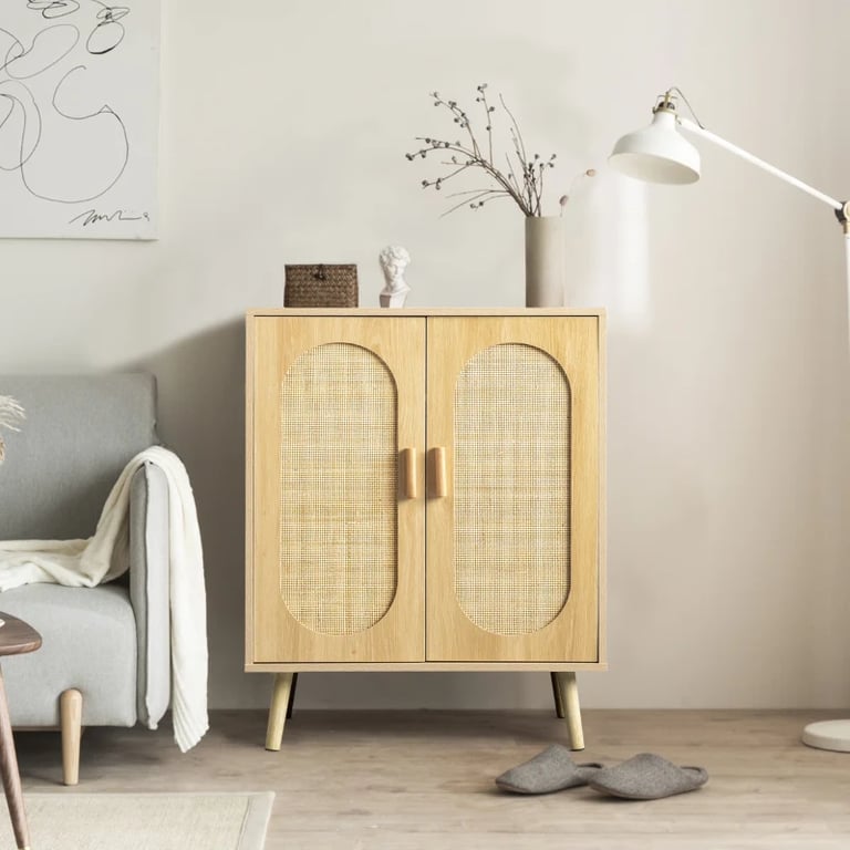 Rubena – Natural Wood Shoe Cabinet with Rattan Front