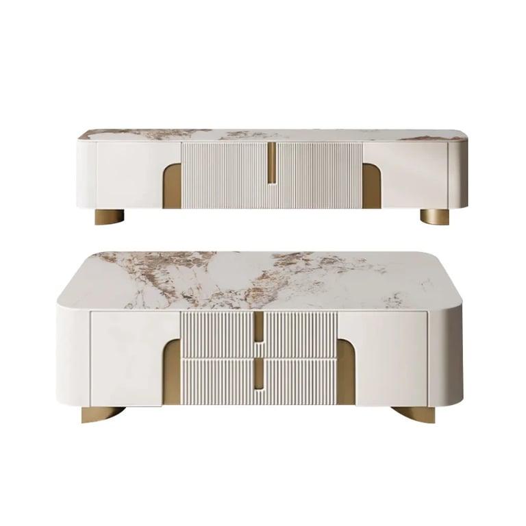 Élivane – Coffee Table & TV Unit Set with Marble and Gold Accents