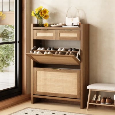 Rivanne - Natural Wood Shoe Cabinet with Rattan Front