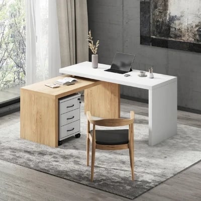 Picture of Alvar –Swivel L-Shaped Desk with Movable File Cabinet -Natural Wood