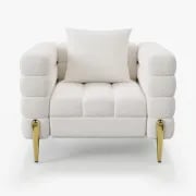 Amélis– Modern Natural Wood Sofa Set with Armchair and Ottoman, Golden Legs