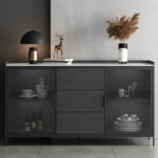Picture of Caven Display Sideboard – Natural Wood with Glass Doors & Marble Top