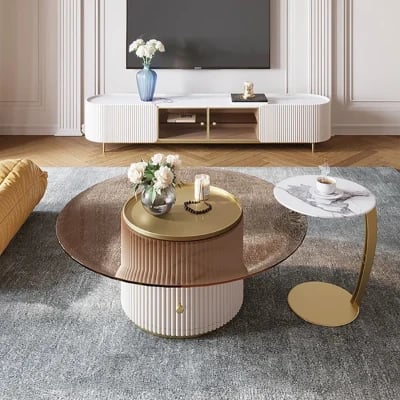 صورة طاولة تليفزيون بيضاويه حديثه باليي - خشب طبيعي