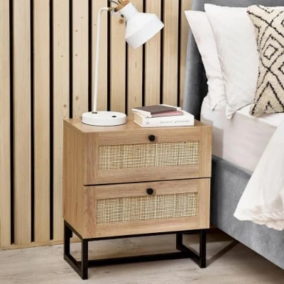 Mira Side Table – Natural Wood with Two Rattan Drawers and Elegant Black Metal Base